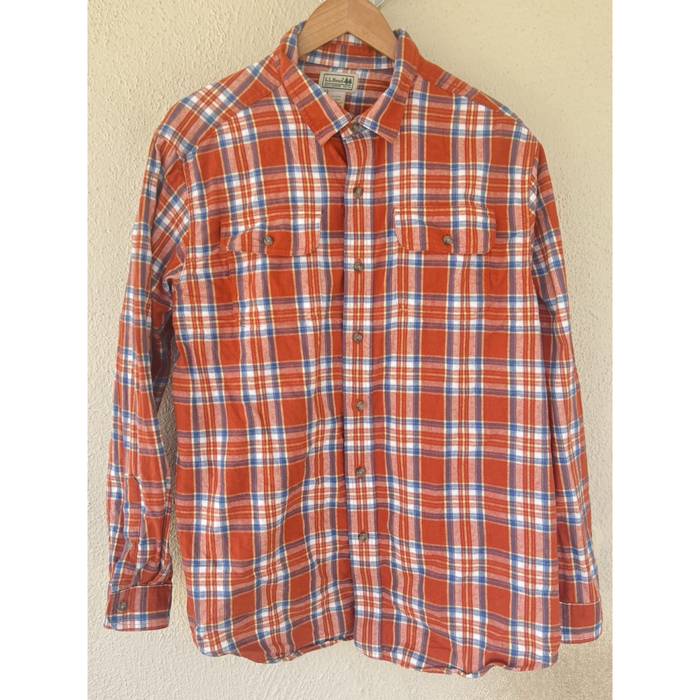 VTG LL Bean Shirt Mens Large Regular Orange Plaid Flannel Button Down Outdoor